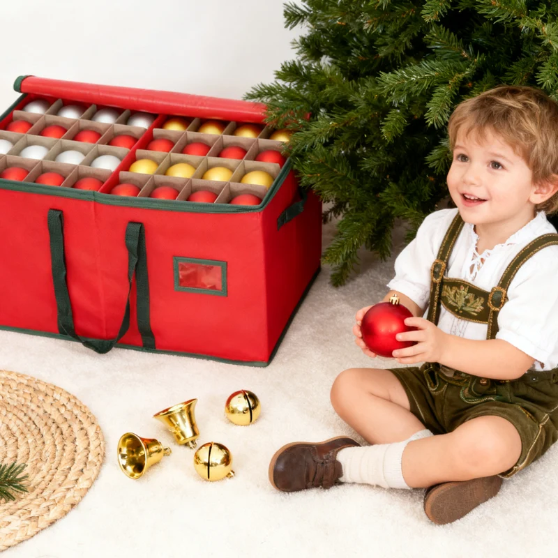 Salcar Rote Aufbewahrungsbox für 128 Weihnachtskugeln – Faltbare Christbaumkugel-Box 64,8×32,3×34,2 cm mit 128 Fächern, Tragegriffen & Doppelreißverschluss