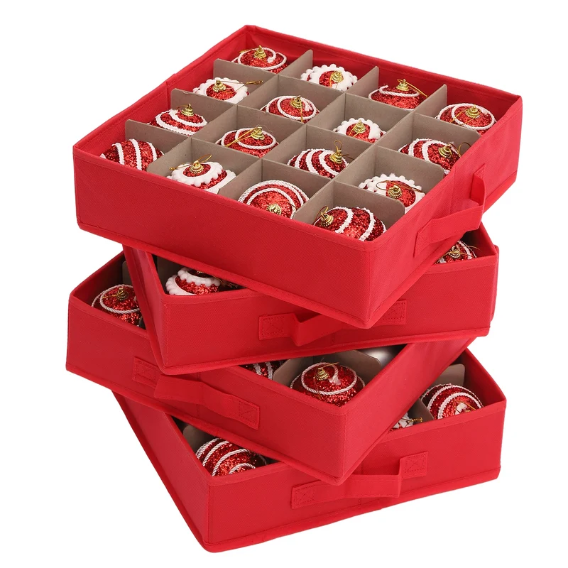 Salcar Aufbewahrungsbox für 64 Weihnachtskugeln – 4 Ebenen, Verstellbare Trennwände, Rote Faltbox 33×33×34 cm mit Sichtfenster