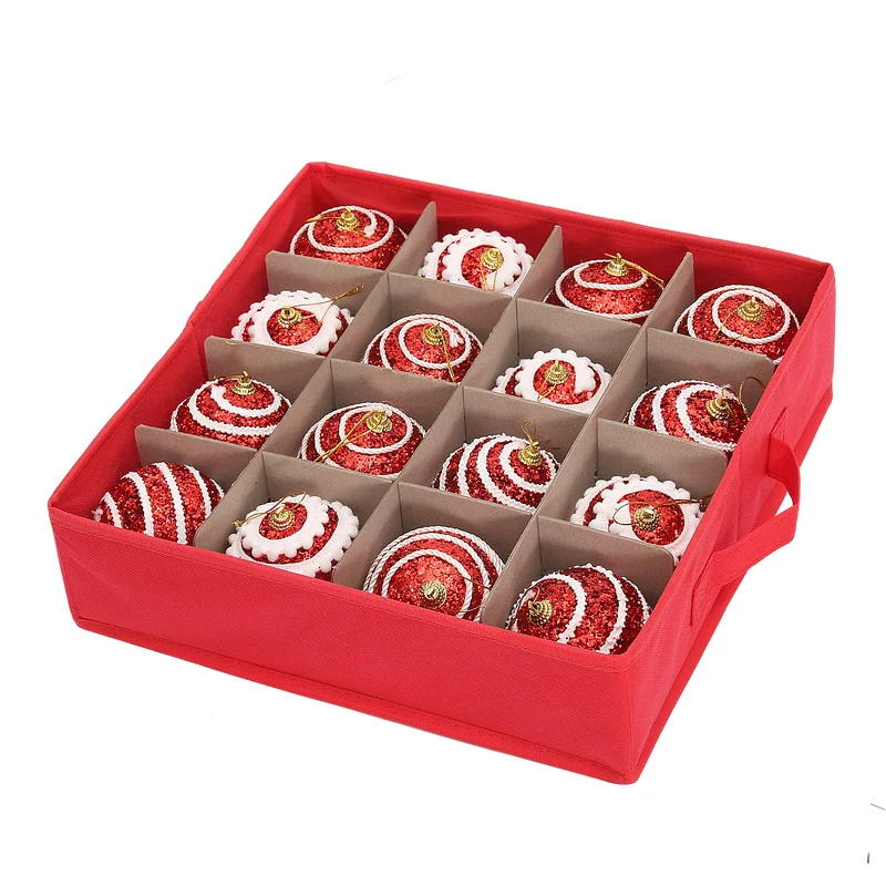 Salcar Aufbewahrungsbox für 64 Weihnachtskugeln – 4 Ebenen, Verstellbare Trennwände, Rote Faltbox 33×33×34 cm mit Sichtfenster