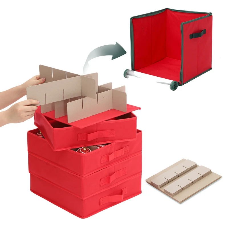 Salcar Aufbewahrungsbox für 64 Weihnachtskugeln – 4 Ebenen, Verstellbare Trennwände, Rote Faltbox 33×33×34 cm mit Sichtfenster