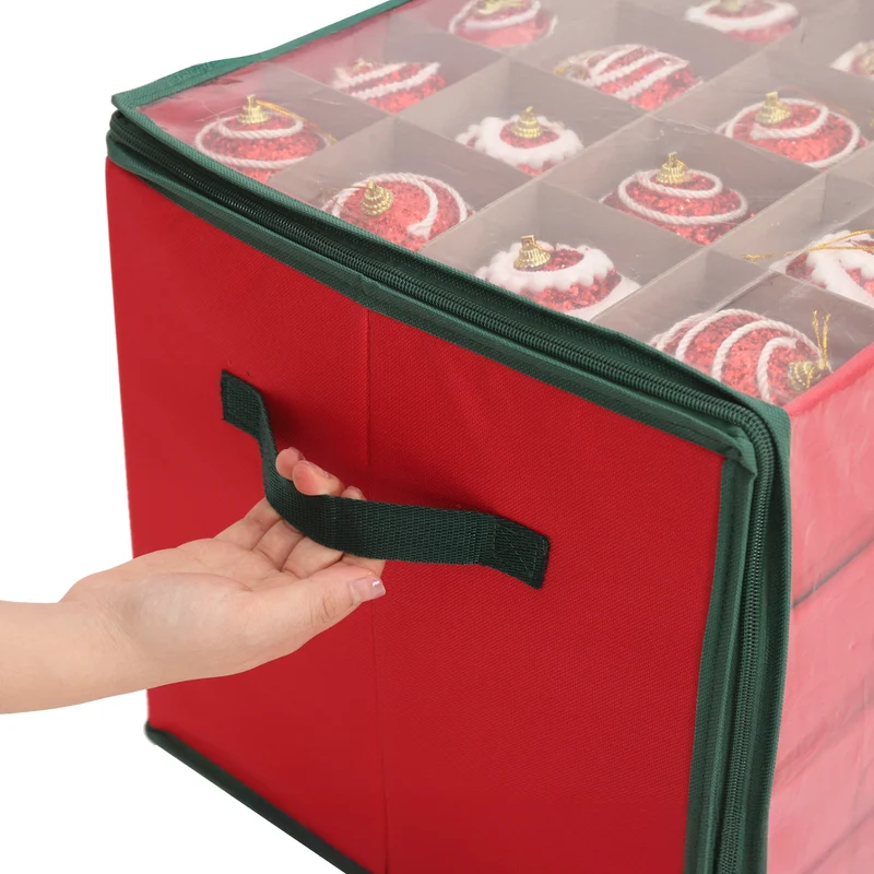 Salcar Aufbewahrungsbox für 64 Weihnachtskugeln – 4 Ebenen, Verstellbare Trennwände, Rote Faltbox 33×33×34 cm mit Sichtfenster