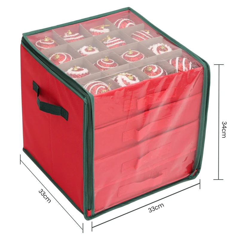 Salcar Aufbewahrungsbox für 64 Weihnachtskugeln – 4 Ebenen, Verstellbare Trennwände, Rote Faltbox 33×33×34 cm mit Sichtfenster