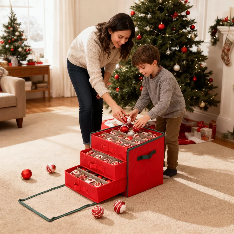 Salcar Aufbewahrungsbox für 64 Weihnachtskugeln – 4 Ebenen, Verstellbare Trennwände, Rote Faltbox 33×33×34 cm mit Sichtfenster