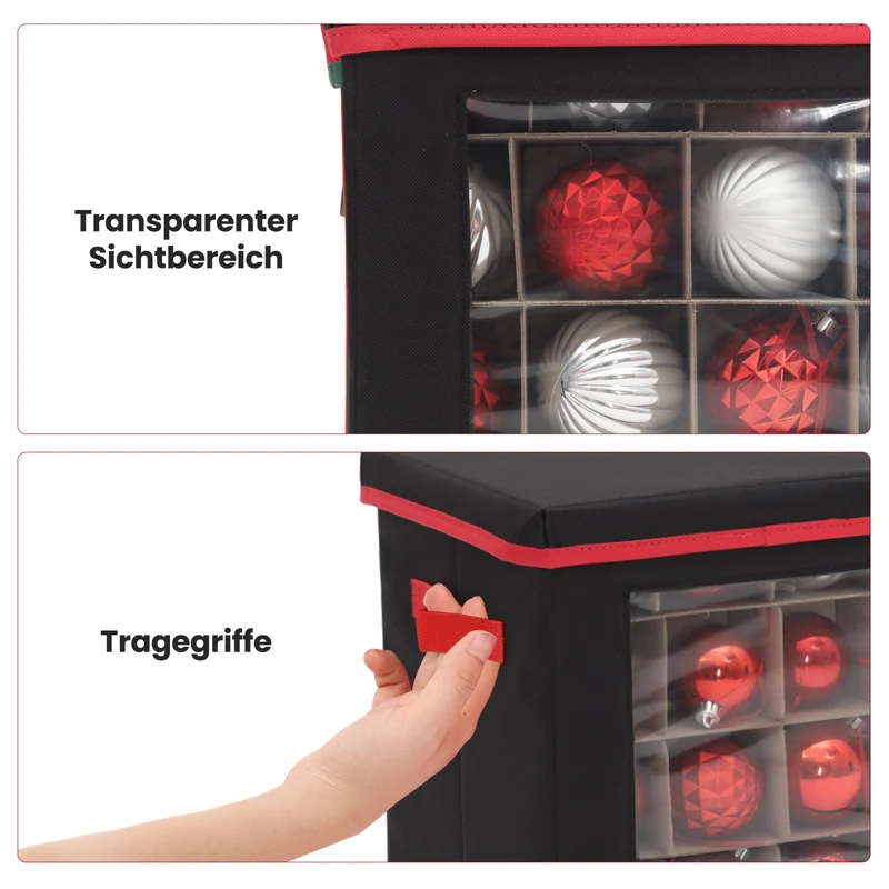 Salcar Aufbewahrungsbox Schwarz für 64 Weihnachtskugeln – Faltbare Weihnachtsdeko-Box 30,5 cm mit Fächern & flexiblen Trennwänden