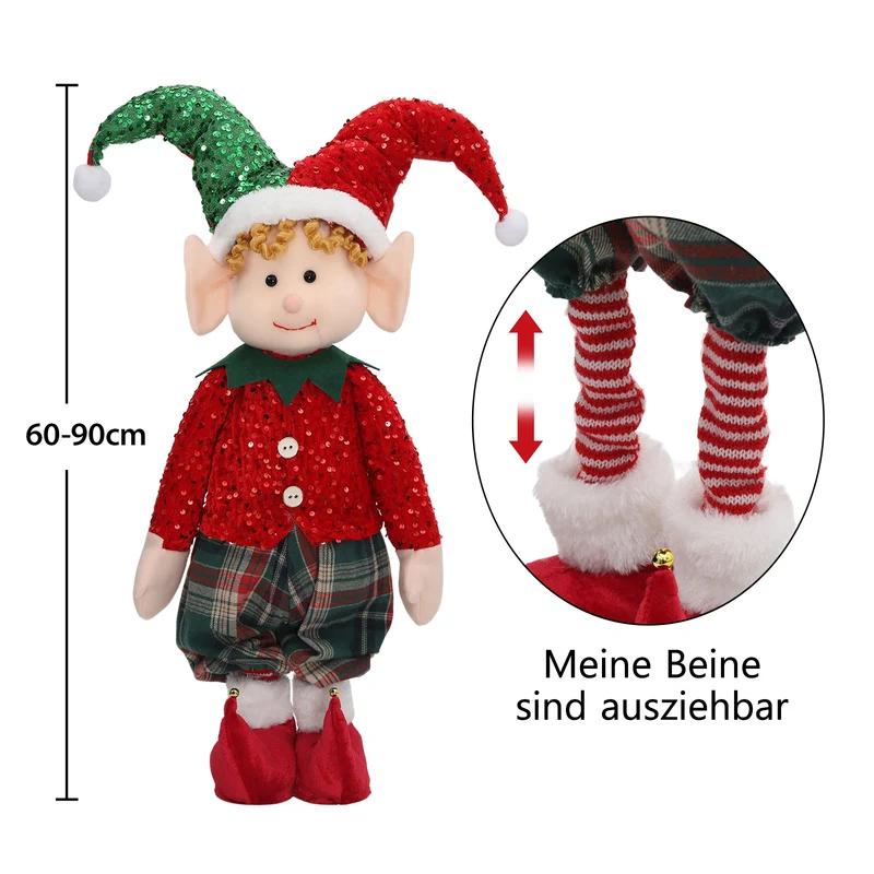 Salcar Weihnachtsjunge 60–90 cm – Stehende Weihnachtsfigur mit teleskopierbaren Beinen, Rote Kleidung & Zipfelmütze, Weihnachtsdeko für Wohnzimmer & Kinderzimmer