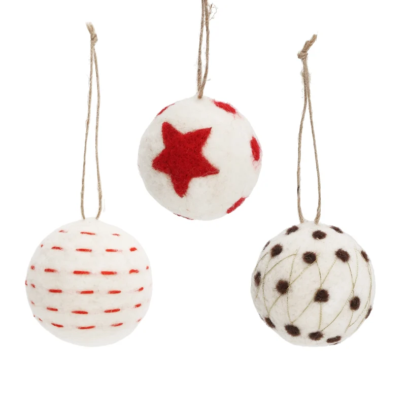 Salcar Weihnachtskugeln 6er Set – Handgefertigte Wollfilz-Kugeln 6 cm mit Juteseil, 3 Designs, Weihnachtsbaumschmuck & Festliche Deko