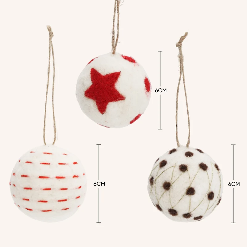 Salcar Weihnachtskugeln 6er Set – Handgefertigte Wollfilz-Kugeln 6 cm mit Juteseil, 3 Designs, Weihnachtsbaumschmuck & Festliche Deko
