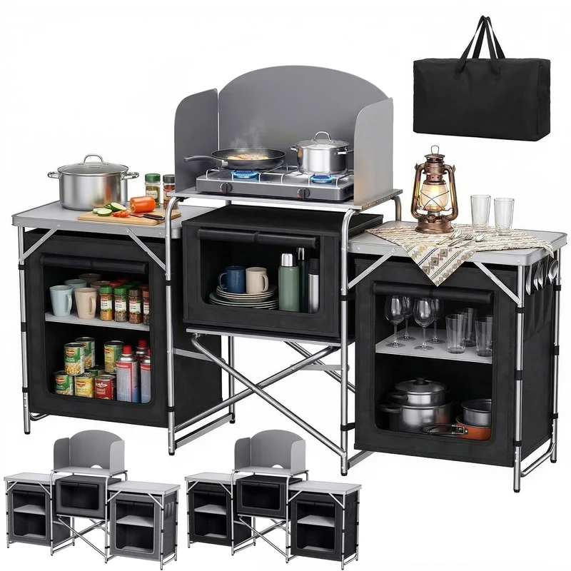 Sekey XXL Campingtisch & Campingschrank Faltbar – Campingküche mit Aluminiumgestell, Windschutz, Arbeitsfläche & 5 Staufächern, Tragbar und Zusammenklappbar