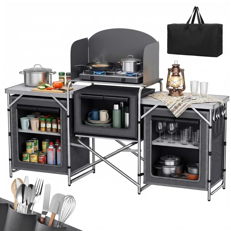 Sekey XXL Campingtisch & Campingschrank Faltbar – Campingküche mit Aluminiumgestell, Windschutz, Arbeitsfläche & 5 Staufächern, Tragbar und Zusammenklappbar
