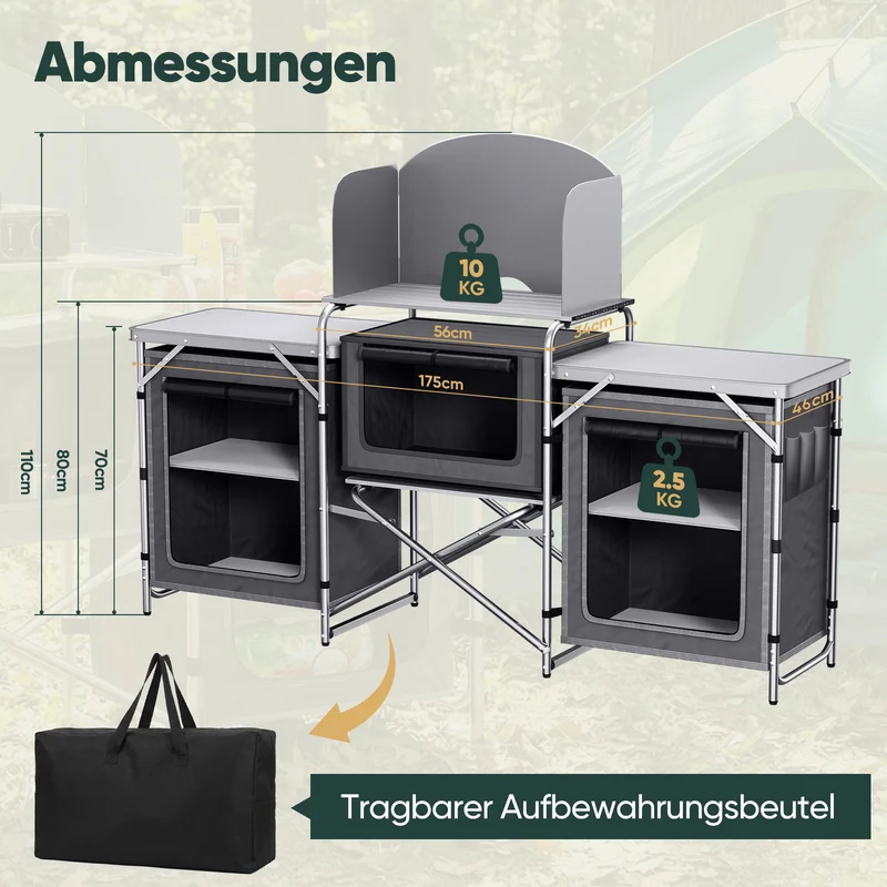 Sekey XXL Campingtisch & Campingschrank Faltbar – Campingküche mit Aluminiumgestell, Windschutz, Arbeitsfläche & 5 Staufächern, Tragbar und Zusammenklappbar