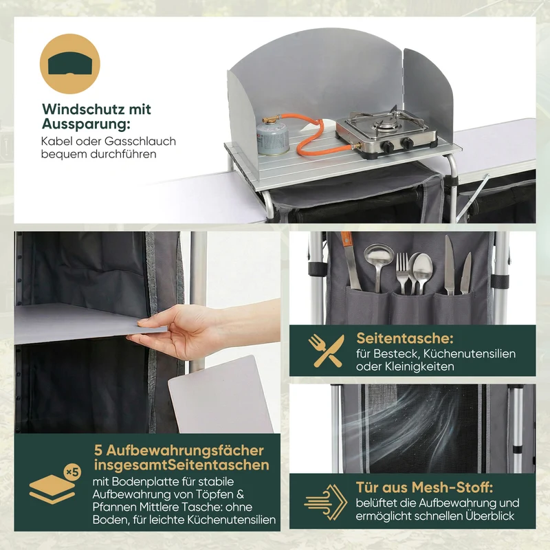 Sekey XXL Campingtisch & Campingschrank Faltbar – Campingküche mit Aluminiumgestell, Windschutz, Arbeitsfläche & 5 Staufächern, Tragbar und Zusammenklappbar