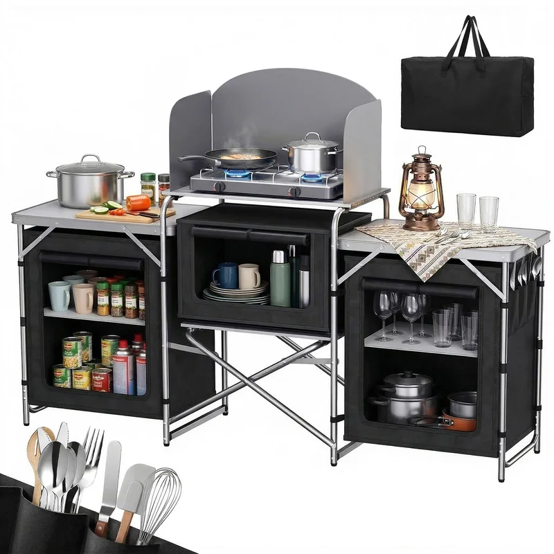Sekey XXL Campingtisch & Campingschrank Faltbar – Campingküche mit Aluminiumgestell, Windschutz, Arbeitsfläche & 5 Staufächern, Tragbar und Zusammenklappbar