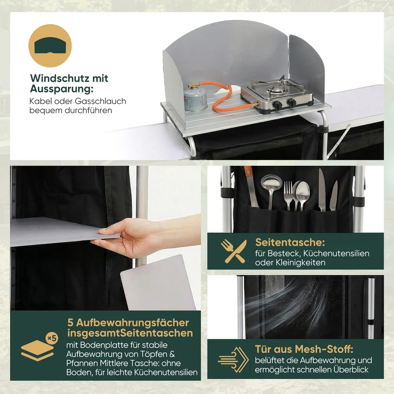 Sekey XXL Campingtisch & Campingschrank Faltbar – Campingküche mit Aluminiumgestell, Windschutz, Arbeitsfläche & 5 Staufächern, Tragbar und Zusammenklappbar
