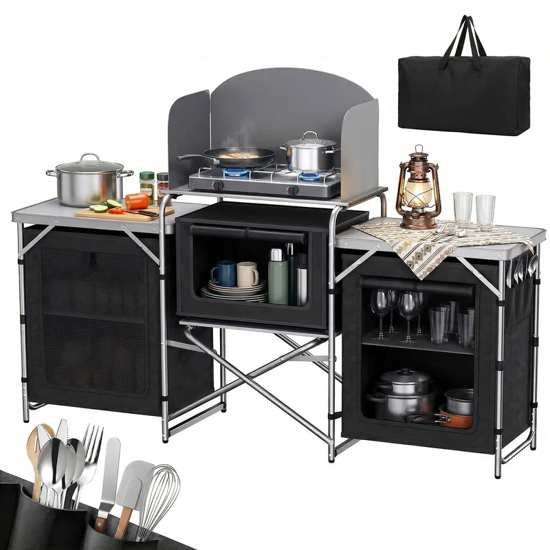 Sekey XXL Campingtisch & Campingschrank Faltbar – Campingküche mit Aluminiumgestell, Windschutz, Arbeitsfläche & 5 Staufächern, Tragbar und Zusammenklappbar