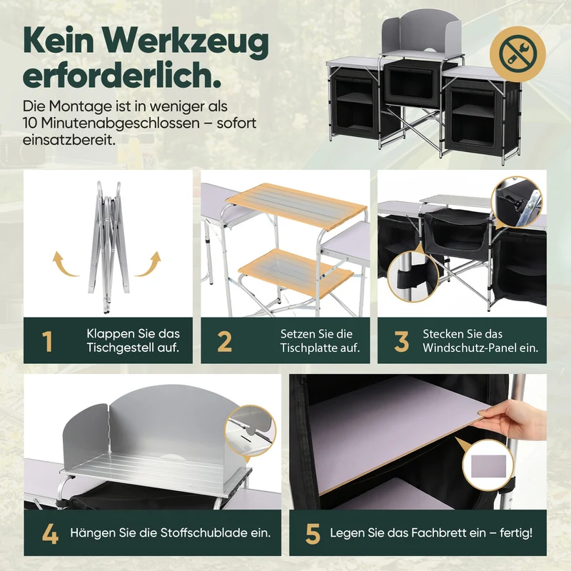 Sekey XXL Campingtisch & Campingschrank Faltbar – Campingküche mit Aluminiumgestell, Windschutz, Arbeitsfläche & 5 Staufächern, Tragbar und Zusammenklappbar
