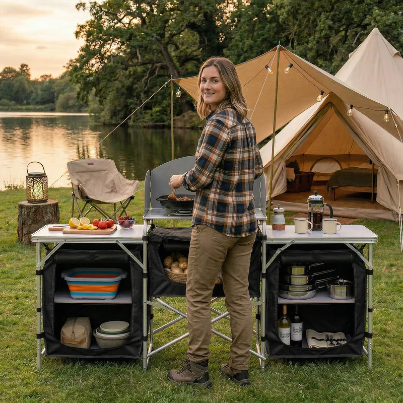Sekey XXL Campingtisch & Campingschrank Faltbar – Campingküche mit Aluminiumgestell, Windschutz, Arbeitsfläche & 5 Staufächern, Tragbar und Zusammenklappbar