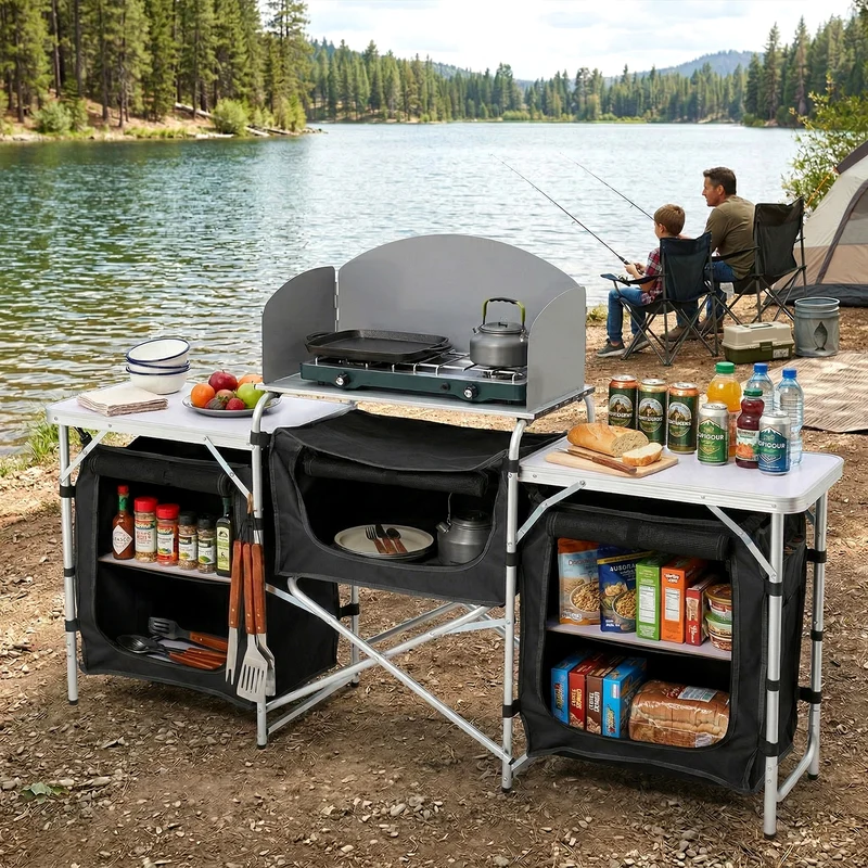 Sekey XXL Campingtisch & Campingschrank Faltbar – Campingküche mit Aluminiumgestell, Windschutz, Arbeitsfläche & 5 Staufächern, Tragbar und Zusammenklappbar
