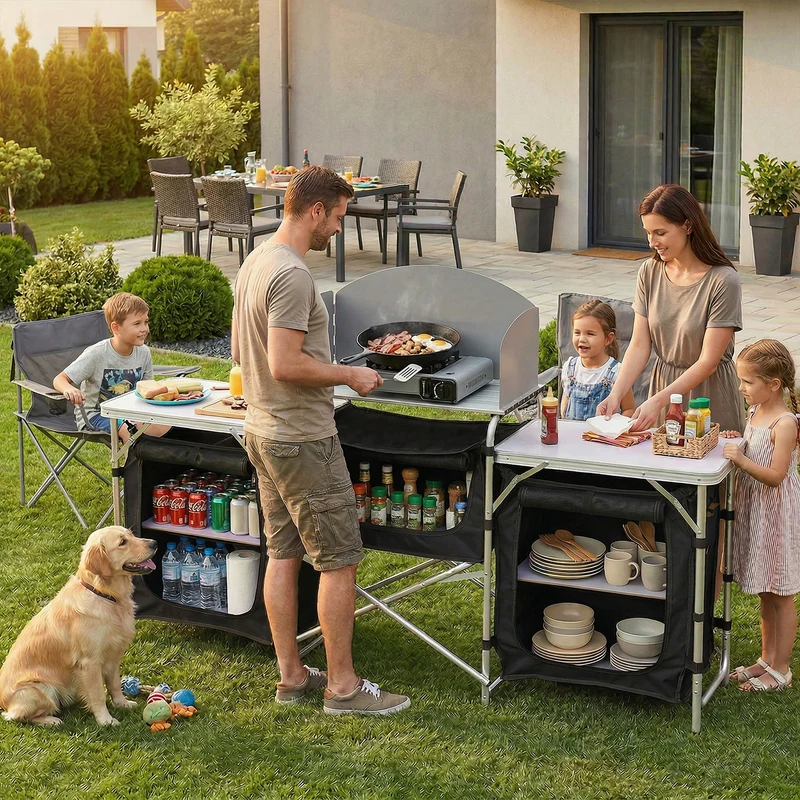 Sekey XXL Campingtisch & Campingschrank Faltbar – Campingküche mit Aluminiumgestell, Windschutz, Arbeitsfläche & 5 Staufächern, Tragbar und Zusammenklappbar