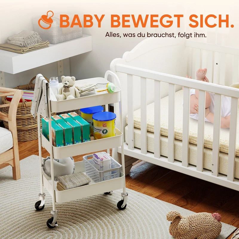Sekey Rollwagen mit 3 Ebenen – Küchenwagen aus Stahl mit rostfester Lackierung, 360°-Gummirädern & Bremse, werkzeugloser Aufbau, vielseitiger Servierwagen für Küche, Bad, Büro & mehr