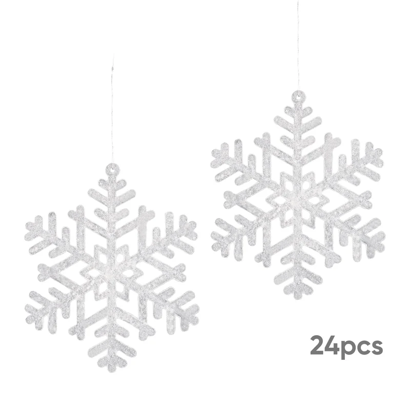 Salcar 24 Stück Schneeflocken Weihnachtsdeko – Weiße Glitter Schneeflocken Anhänger Ø10cm, Wiederverwendbarer Baumschmuck für Weihnachtsbaum & Winterfeier