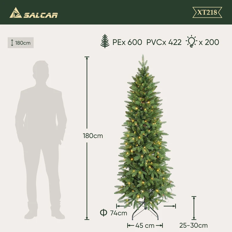 Salcar Schmaler Kunst-Weihnachtsbaum 180 cm – Realistischer Pencil Christbaum mit warmweißen LEDs, grüner Tannenbaum aus PE & PVC