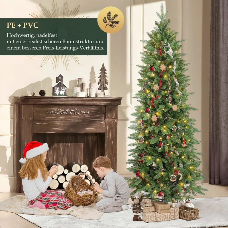 Salcar Schmaler Kunst-Weihnachtsbaum 180 cm – Realistischer Pencil Christbaum mit warmweißen LEDs, grüner Tannenbaum aus PE & PVC