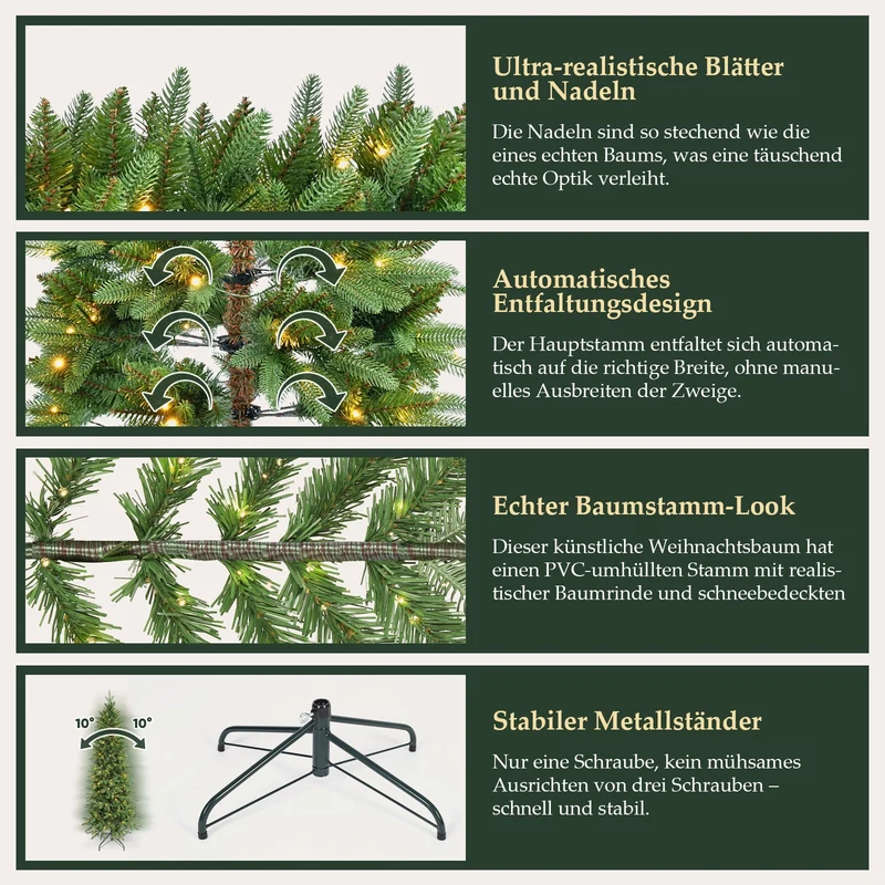Salcar Schmaler Kunst-Weihnachtsbaum 180 cm – Realistischer Pencil Christbaum mit warmweißen LEDs, grüner Tannenbaum aus PE & PVC