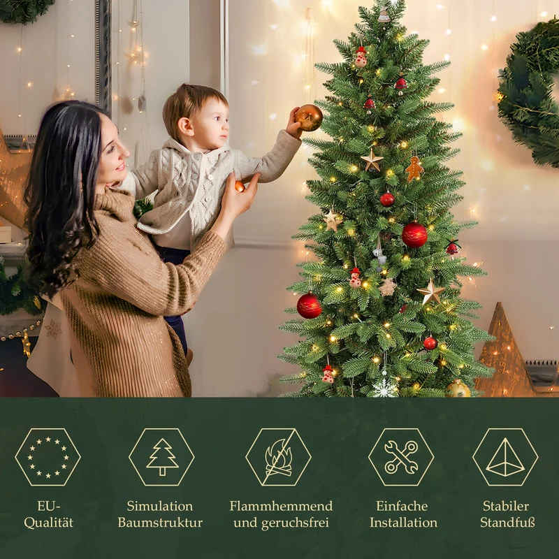 Salcar Schmaler Kunst-Weihnachtsbaum 180 cm – Realistischer Pencil Christbaum mit warmweißen LEDs, grüner Tannenbaum aus PE & PVC