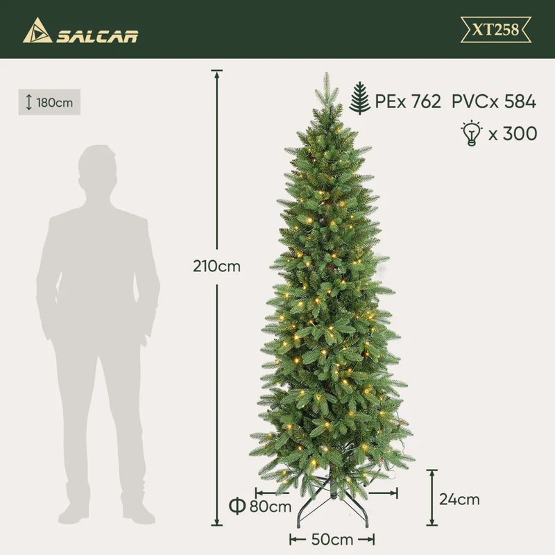 Salcar Schmaler Kunst-Weihnachtsbaum 180 cm – Realistischer Pencil Christbaum mit warmweißen LEDs, grüner Tannenbaum aus PE & PVC