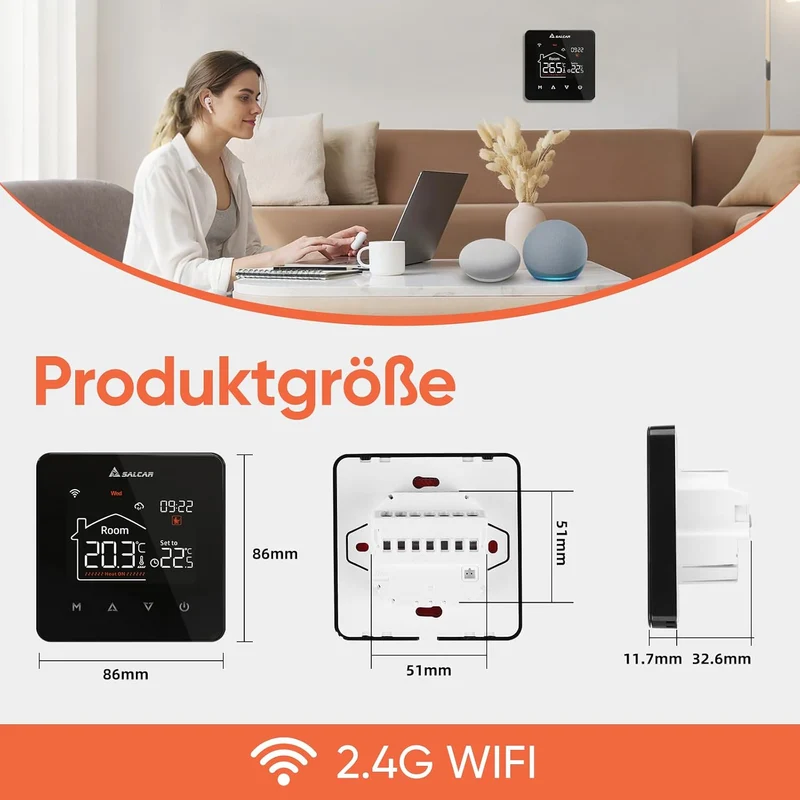 Salcar V4W.716 Smart WLAN Thermostat für elektrische Fußbodenheizung – 230 V, 16 A, Tuya Smart Life App, programmierbarer Raumthermostat mit Touch-LCD-Display, Sprachsteuerung