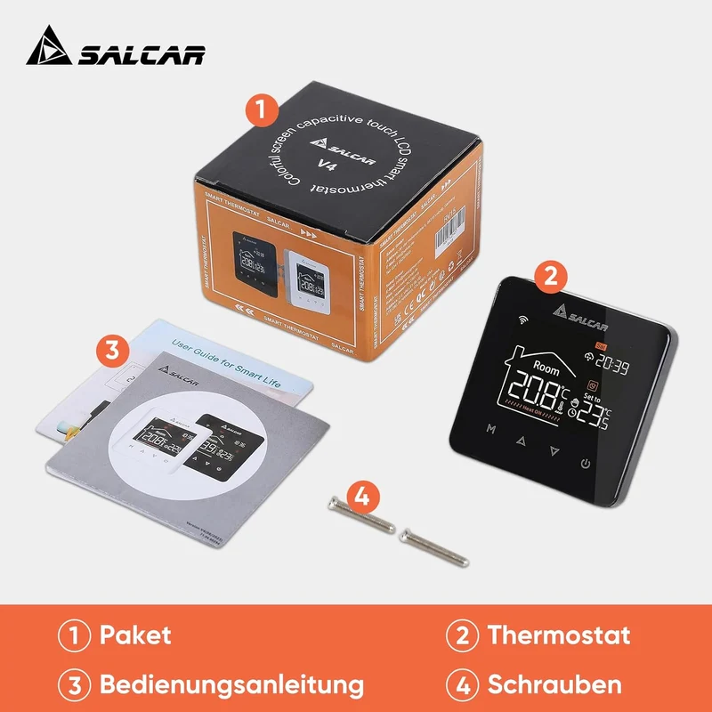Salcar V4W.716 Smart WLAN Thermostat für elektrische Fußbodenheizung – 230 V, 16 A, Tuya Smart Life App, programmierbarer Raumthermostat mit Touch-LCD-Display, Sprachsteuerung
