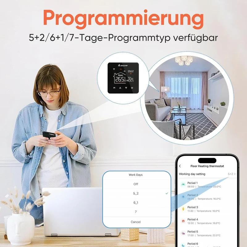 Salcar V4W.716 Smart WLAN Thermostat für elektrische Fußbodenheizung – 230 V, 16 A, Tuya Smart Life App, programmierbarer Raumthermostat mit Touch-LCD-Display, Sprachsteuerung