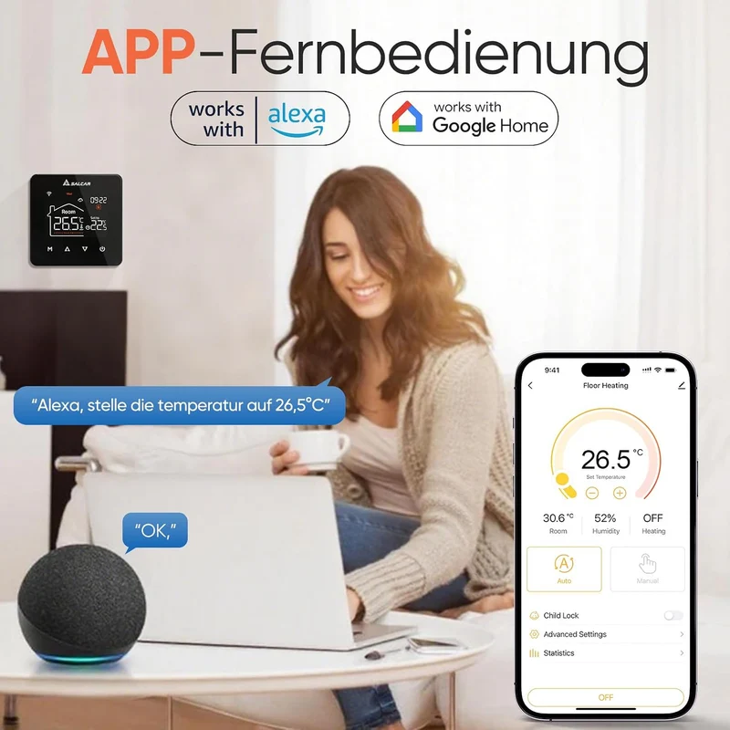 Salcar Smartes WLAN Thermostat für Wasser-Fußbodenheizung – 3A Raumthermostat mit LCD-Touchdisplay, Tuya Smart Life App, programmierbar, kompatibel mit Amazon Alexa & Google Home