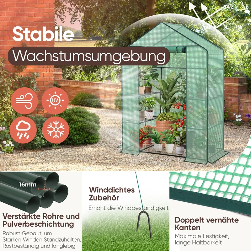 Sekey XL Foliengewächshaus 200×145×75 cm Stabiles Balkon-Gewächshaus mit 4 Regalböden für gesundes Pflanzenwachstum
