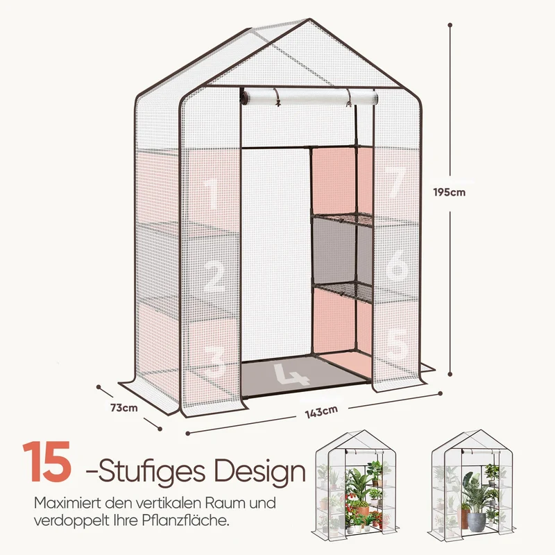 Sekey XL Foliengewächshaus 200×145×75 cm Stabiles Balkon-Gewächshaus mit 4 Regalböden für gesundes Pflanzenwachstum