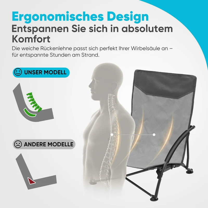 Sekey Faltbarer Strandliegestuhl mit gepolsterten Armlehnen – Leichter Campingstuhl bis 200 kg belastbar