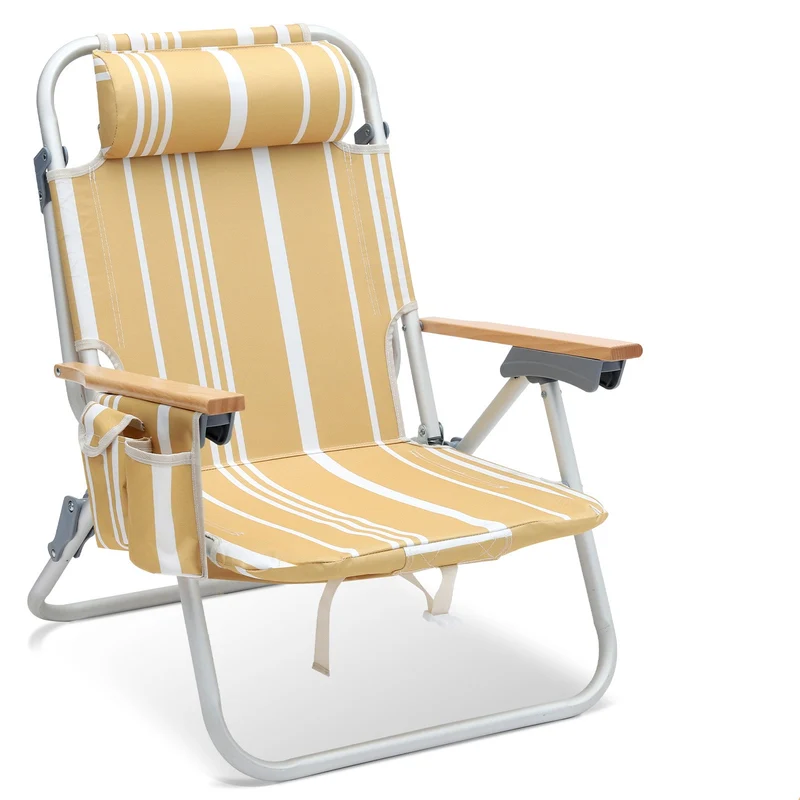 Sekey Faltbarer Aluminium-Strandstuhl mit verstellbarer Rückenlehne & Teakholz-Armlehnen – mit Kühltasche & Zubehör