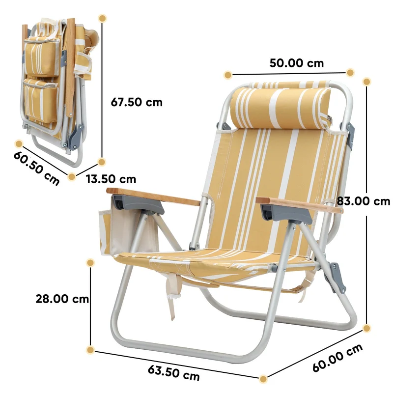 Sekey Faltbarer Aluminium-Strandstuhl mit verstellbarer Rückenlehne & Teakholz-Armlehnen – mit Kühltasche & Zubehör