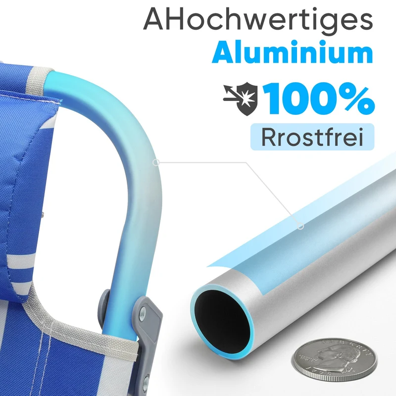 Sekey Faltbarer Aluminium-Strandstuhl mit verstellbarer Rückenlehne & Teakholz-Armlehnen – mit Kühltasche & Zubehör