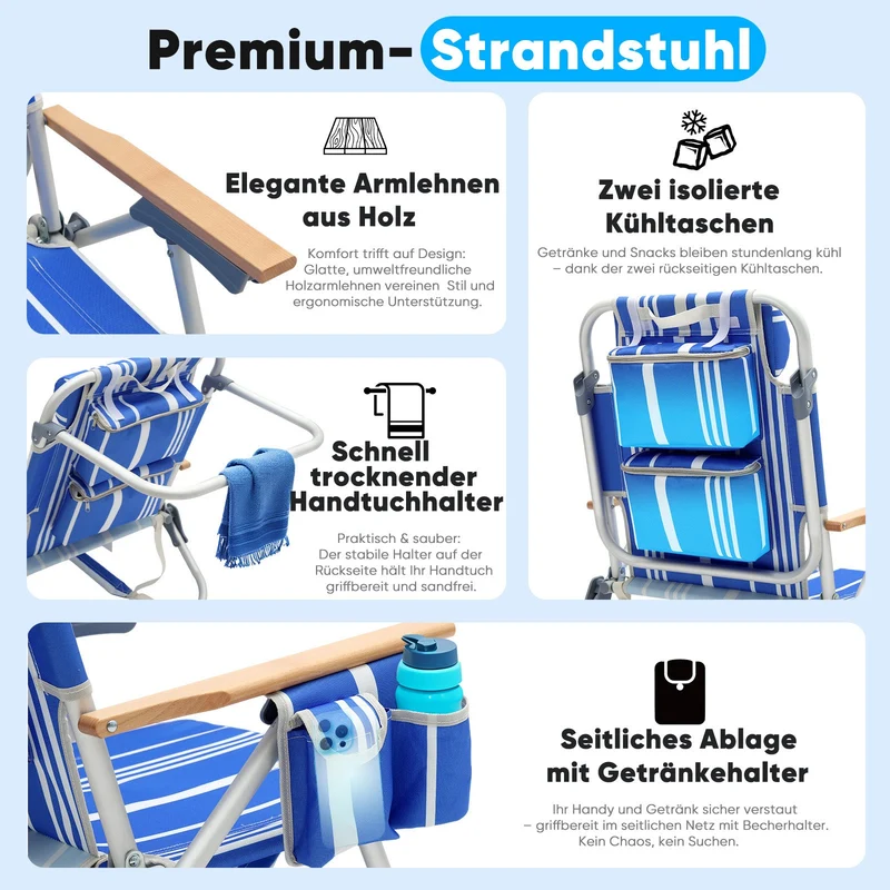 Sekey Faltbarer Aluminium-Strandstuhl mit verstellbarer Rückenlehne & Teakholz-Armlehnen – mit Kühltasche & Zubehör