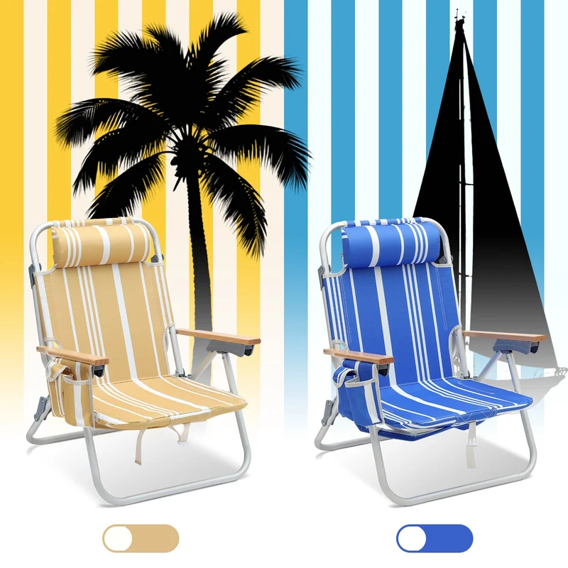 Sekey Faltbarer Aluminium-Strandstuhl mit verstellbarer Rückenlehne & Teakholz-Armlehnen – mit Kühltasche & Zubehör