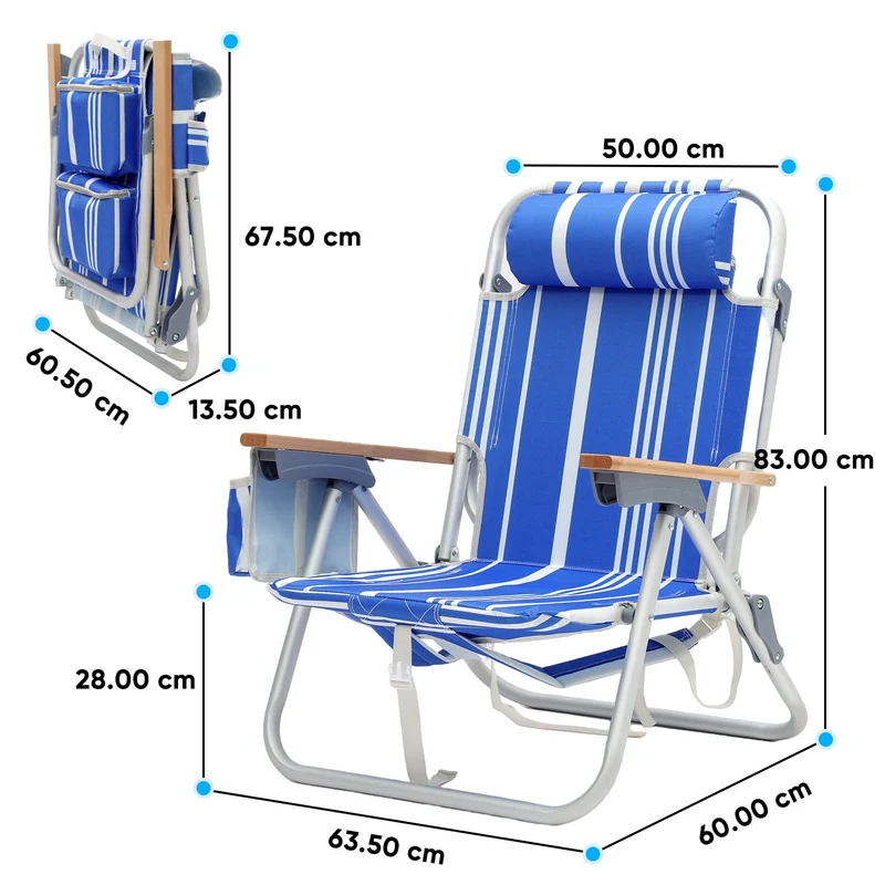 Sekey Faltbarer Aluminium-Strandstuhl mit verstellbarer Rückenlehne & Teakholz-Armlehnen – mit Kühltasche & Zubehör