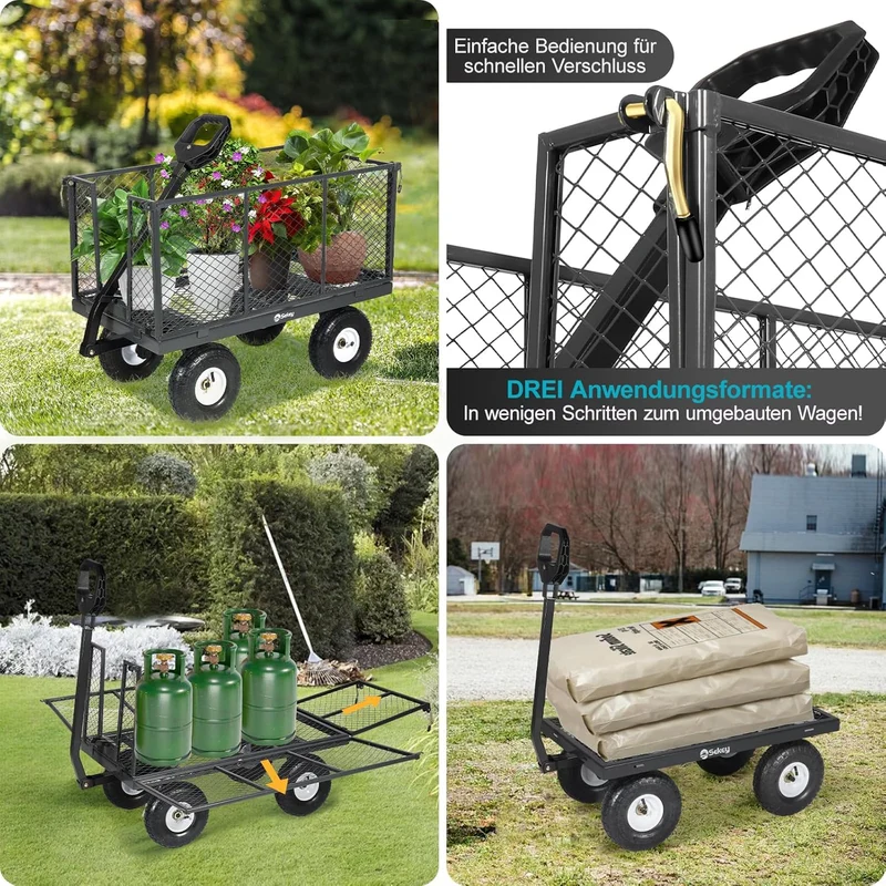 Sekey 3-in-1 Bollerwagen 500 kg – Gartenwagen mit abnehmbaren Seitenwänden & 10-Zoll-Gummireifen, leise & rostfrei, schnelle Montage in 8 Minuten, Plattform- & Transportwagen
