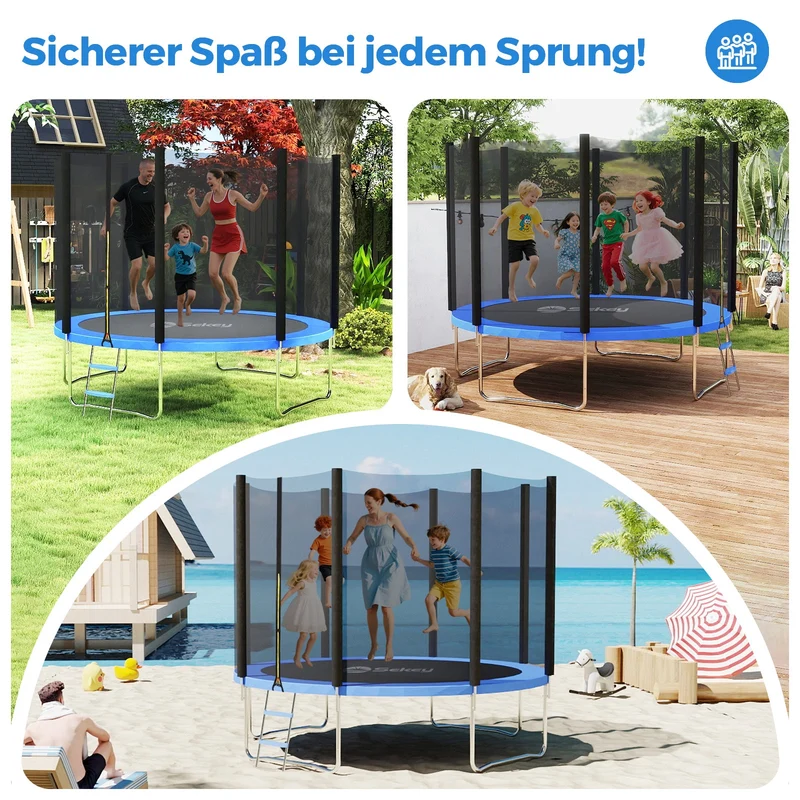 Sekey Trampolin Ø 366 cm für Garten – TÜV/GS-zertifiziertes Outdoor Trampolin mit Sicherheitsnetz, W-Beinen & Leiter – wetterfest & kindersicher, bis 150 kg belastbar