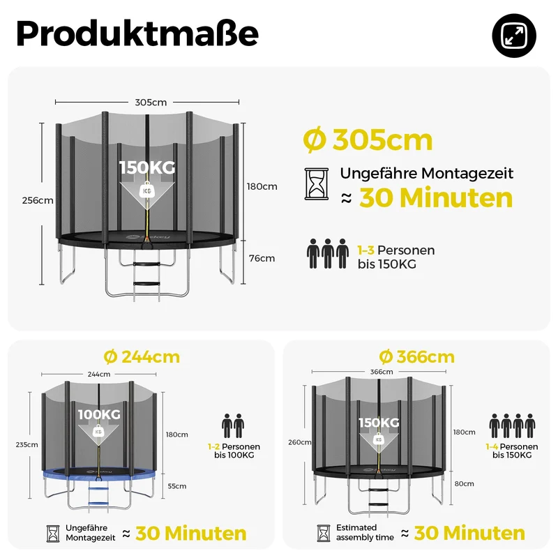 Sekey Trampolin Ø 305 cm für den Garten – TÜV/GS-zertifiziertes Outdoor Trampolin mit Sicherheitsnetz, W-Beinen & Leiter – bis 150 kg belastbar, wetterfest & kindersicher