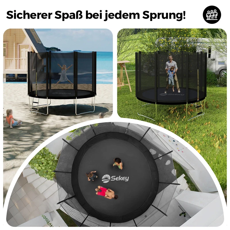 Sekey Trampolin Ø 305 cm für den Garten – TÜV/GS-zertifiziertes Outdoor Trampolin mit Sicherheitsnetz, W-Beinen & Leiter – bis 150 kg belastbar, wetterfest & kindersicher
