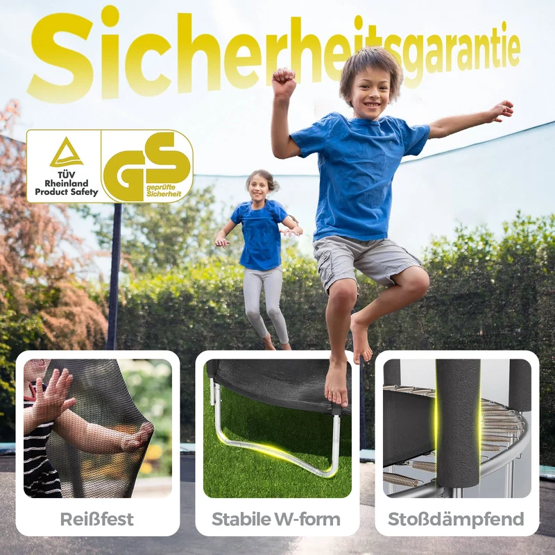 Sekey Trampolin Ø 305 cm für den Garten – TÜV/GS-zertifiziertes Outdoor Trampolin mit Sicherheitsnetz, W-Beinen & Leiter – bis 150 kg belastbar, wetterfest & kindersicher