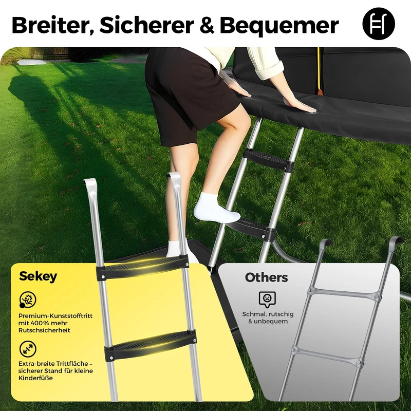 Sekey Trampolin Ø 305 cm für den Garten – TÜV/GS-zertifiziertes Outdoor Trampolin mit Sicherheitsnetz, W-Beinen & Leiter – bis 150 kg belastbar, wetterfest & kindersicher
