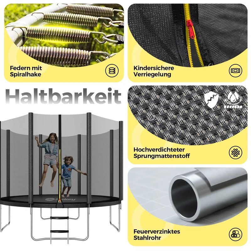 Sekey Trampolin Ø 305 cm für den Garten – TÜV/GS-zertifiziertes Outdoor Trampolin mit Sicherheitsnetz, W-Beinen & Leiter – bis 150 kg belastbar, wetterfest & kindersicher