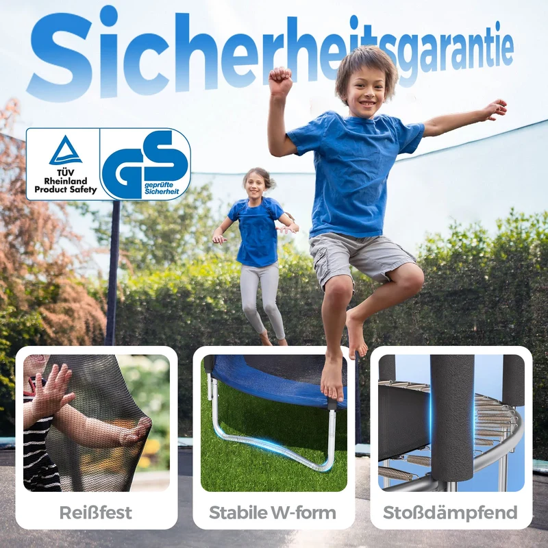 Sekey Trampolin Ø 244 cm für Garten – TÜV/GS-zertifiziertes Outdoor Trampolin mit Sicherheitsnetz, W-Beinen & Leiter – Wetterfest & stabil für Kinder ab 3 Jahren